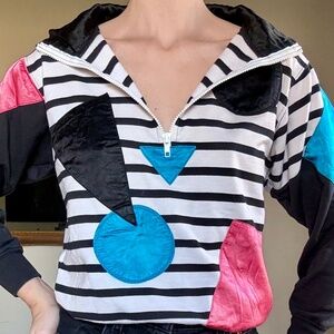 Vintage 90s Geometric Striped Half Zip Sweater Satin Applique Retro Streetwear